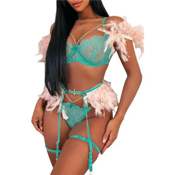 Chain Feather Lingerie, Eyelash Floral Lace, Underwire, Thong, 4 Pieces - Turquo